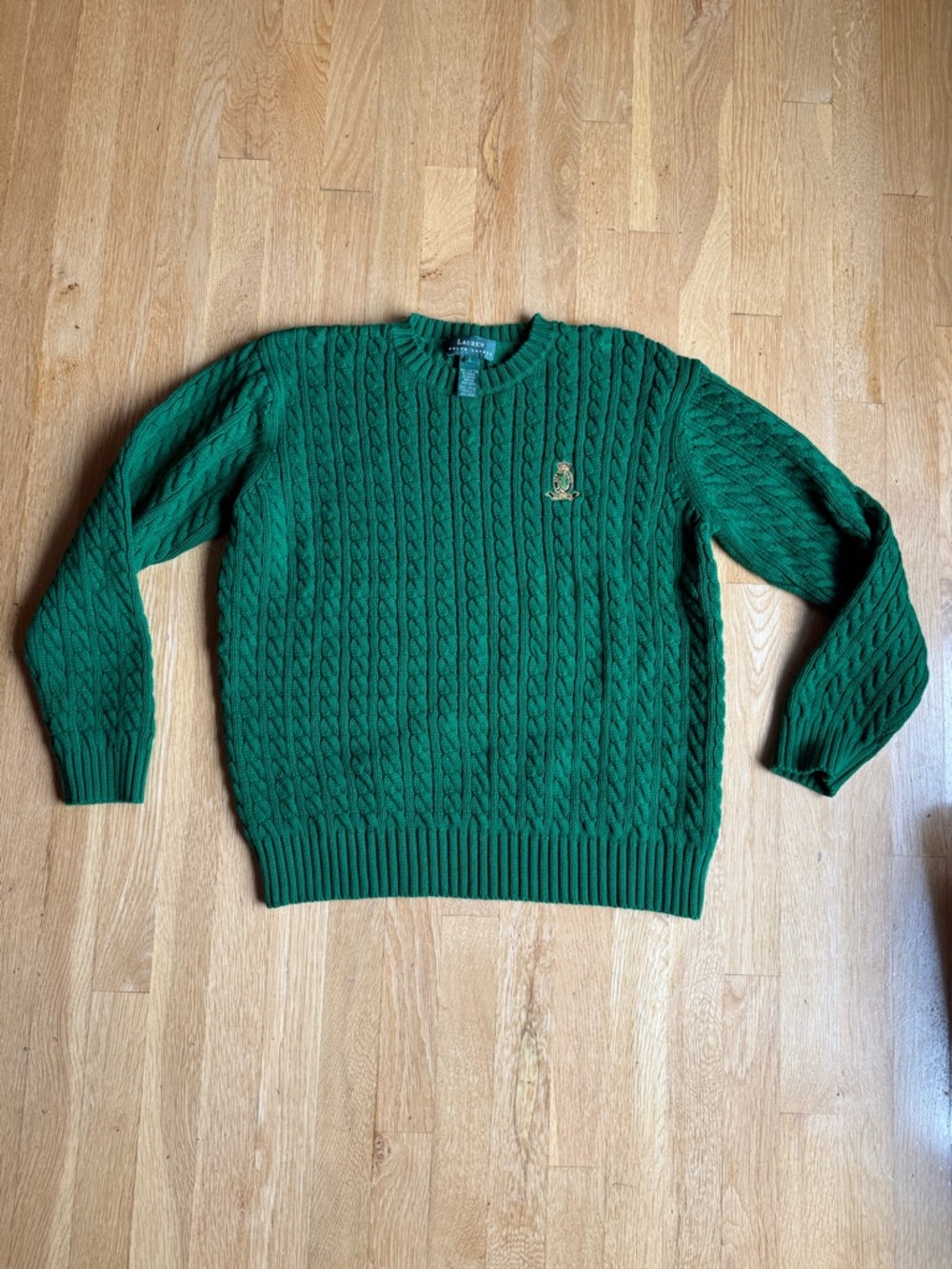 Ralph Lauren Green Cable Knit Crewneck Sweater 100% Cotton